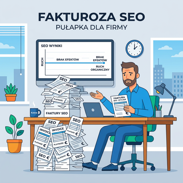 Ilustracja flat design przedstawiająca przedsiębiorcę analizującego faktury SEO i wykres bez wzrostu - pułapka fakturozy SEO