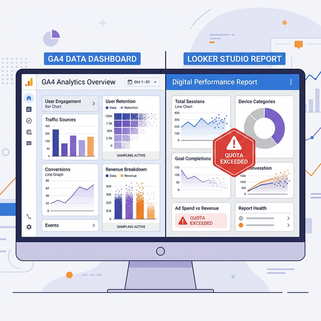 Grafika flat design przedstawiająca interfejs Google Analytics 4 z ograniczeniami Looker Studio i błędem Quota Exceeded